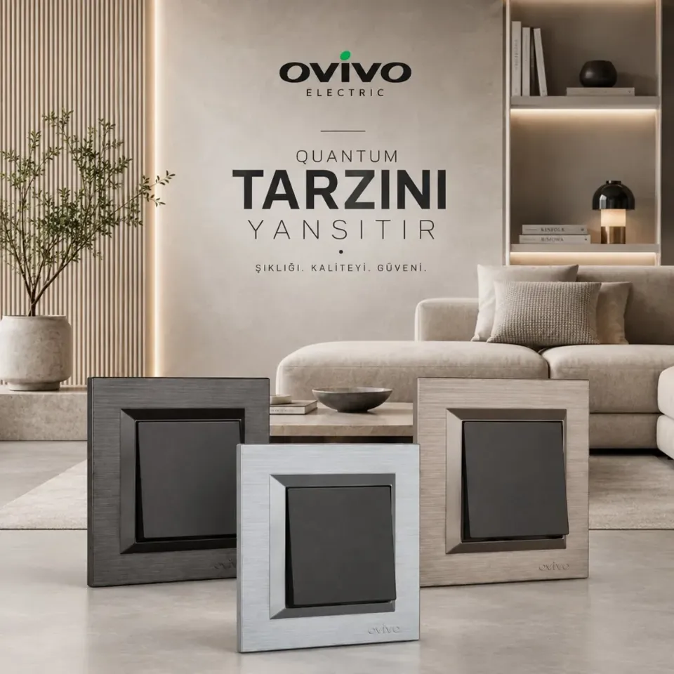 Ovivo Quantum Metalik anahtarlar; fırçalı antrasit, gümüş ve bronz çerçeve, modern iç mekân. OVIVO Electric.